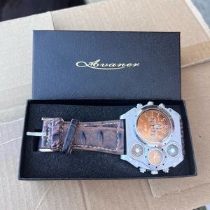 Avaner Mens Big Face Dual Time Zone Leather Strap Sport Watch Highly Quality NWT